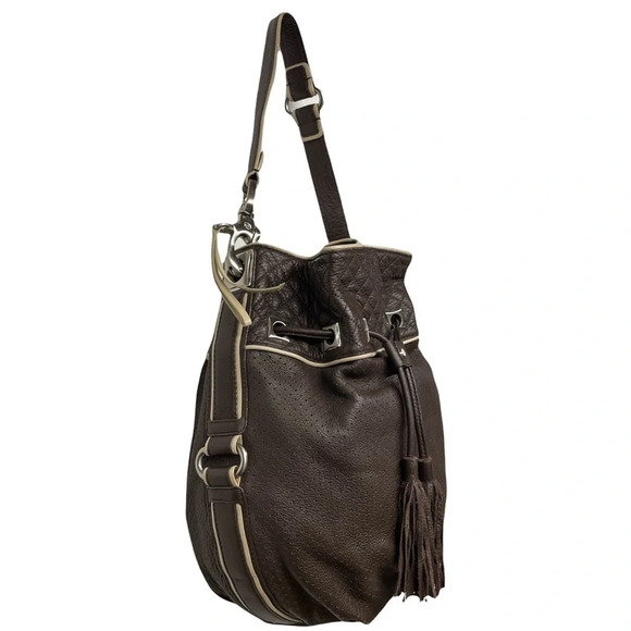 Francesco Biasia Brown 100% Calf Leather Perforated Fringe Bucket Bag Hobo - Picture 1 of 15